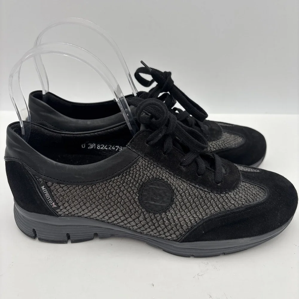 Mephisto Yael Runoff Air Jet System Walking Shoe Sneaker Black Leather Suede 7.5